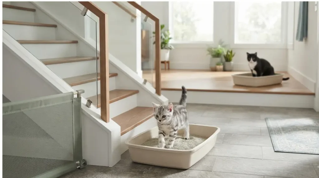 Kitten and adult cat with Litter Boxes on different floors and a low-entry Litter Boxes for easy access