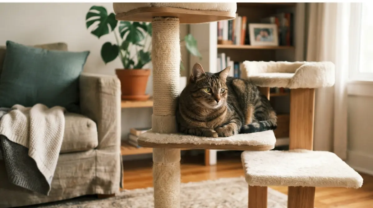 Nervous cat peeking out from enclosed condo on a stable Cat Tree in a cozy living room