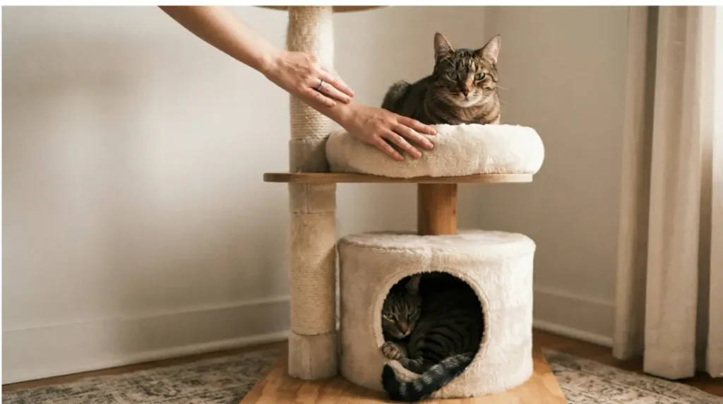 Cat tree with enclosed low hideaway and higher perch showing what a nervous cat needs from a Cat Tree