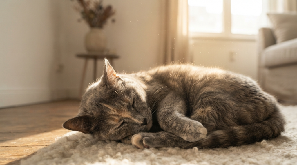 Senior cat sleeping peacefully in sunlight, showing normal aging and mild cat behavior changes in cats over 10