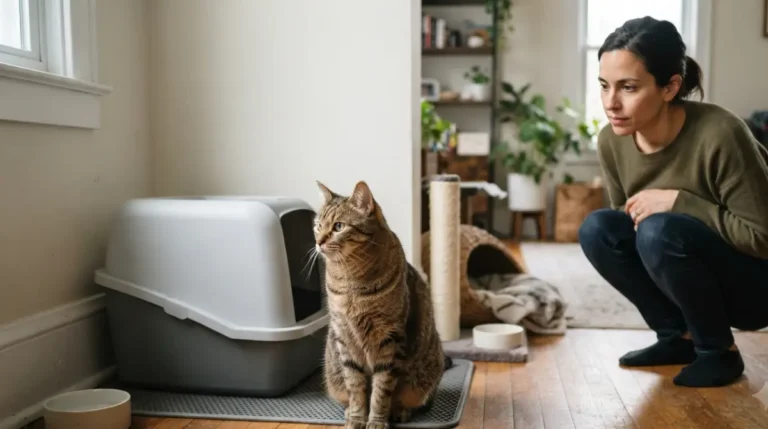 Sleeping tabby cat on a gray sofa beside a phone timer, counting her normal breathing rate