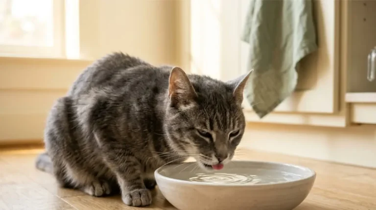 Senior gray tabby cat drinking from a ceramic water bowl on a kitchen floor in morning light