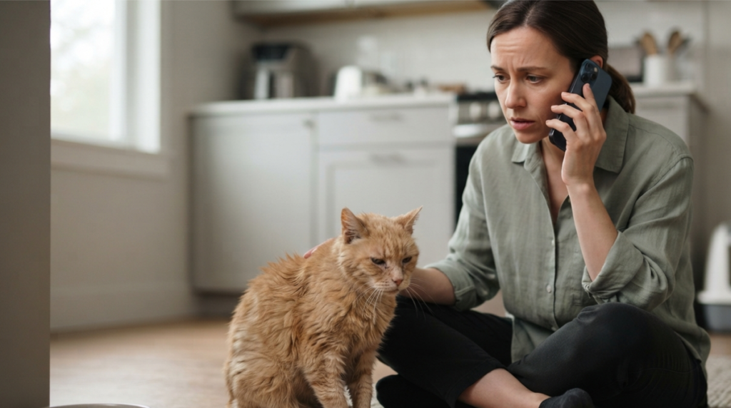 Concerned owner calling vet with senior cat nearby, highlighting urgent cat behavior changes that need immediate care