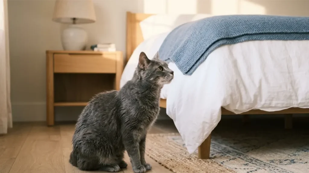 Gray senior cat pausing at the foot of a bed, showing trouble jumping as an early sign of pain