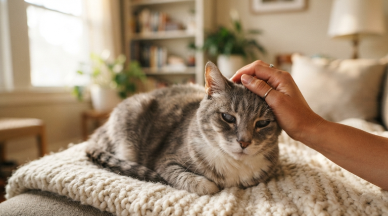 Senior gray and white cat being gently petted by owner, illustrating aging and cat behavior changes in older cats