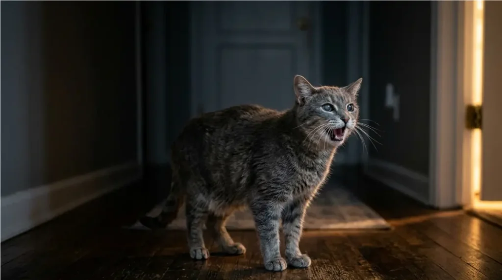 Older gray cat yowling in a dark hallway at night
