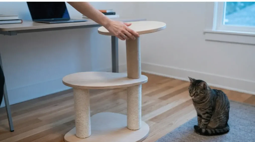 Shy cat watching as a person tests Cat Tree stability with a gentle push on the top perch of the Cat Tree