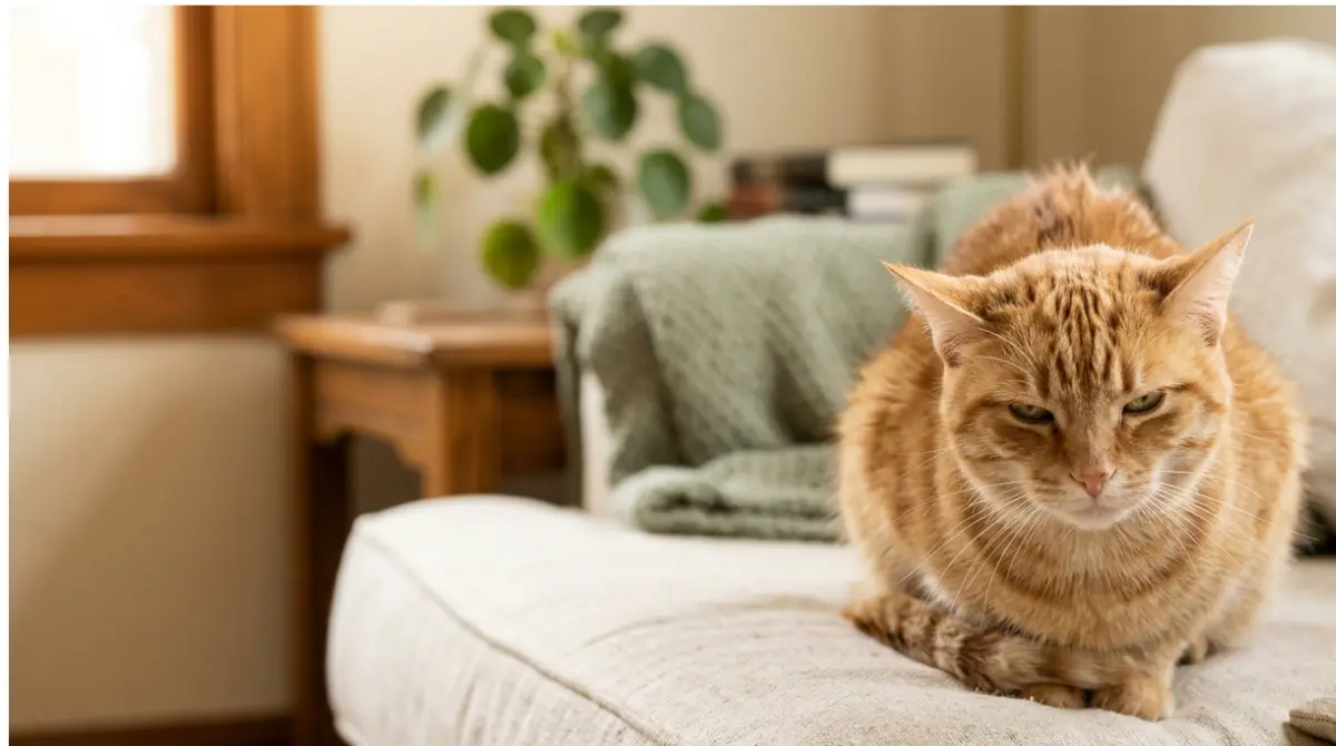 Adult tabby cat hunched on a sofa with squinted eyes and outward-turned ears, a common sign of pain in cats