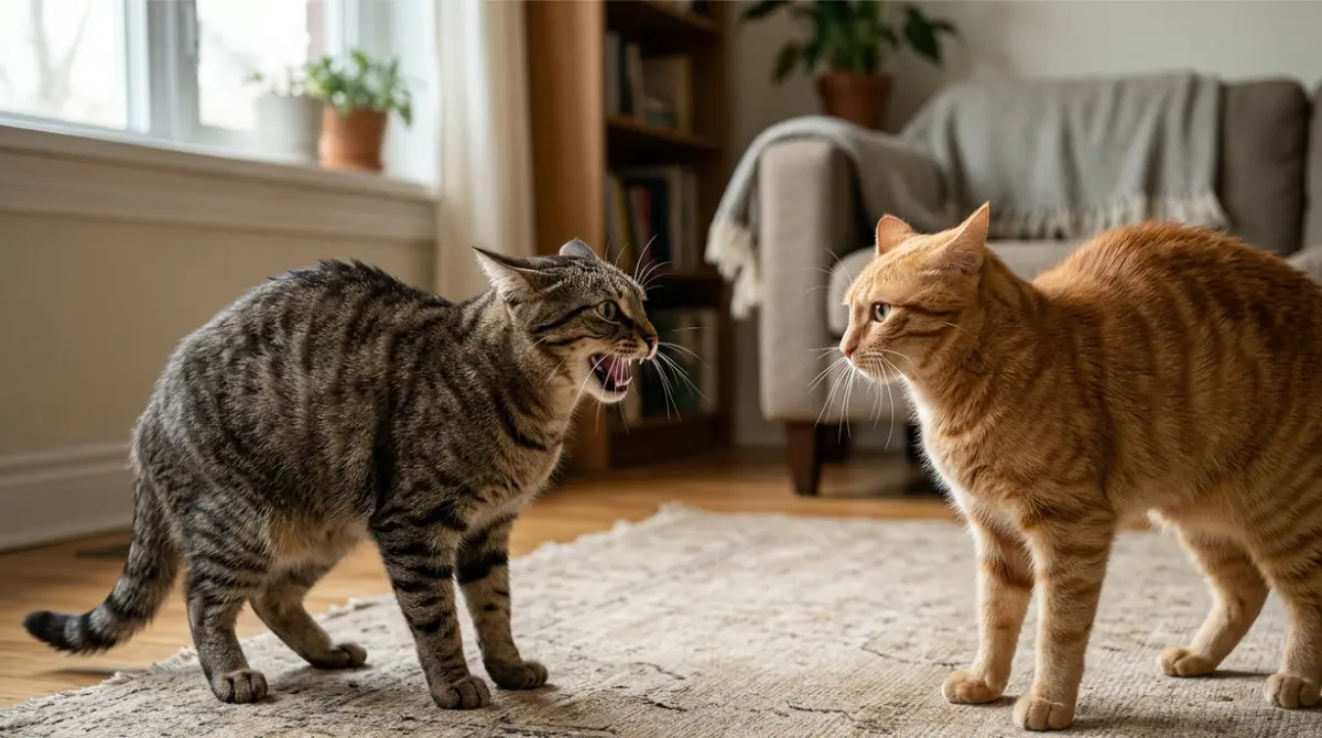 Two domestic cats fighting after getting along, facing each other tensely in a living room