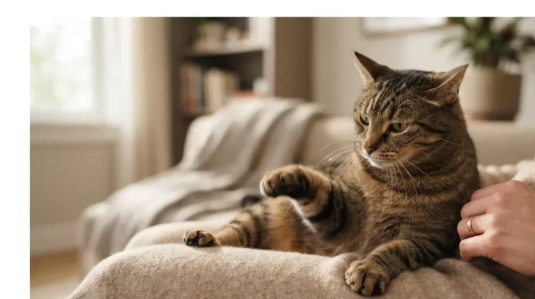 Cats Knead a person's lap while looking toward their hand before a possible gentle bite