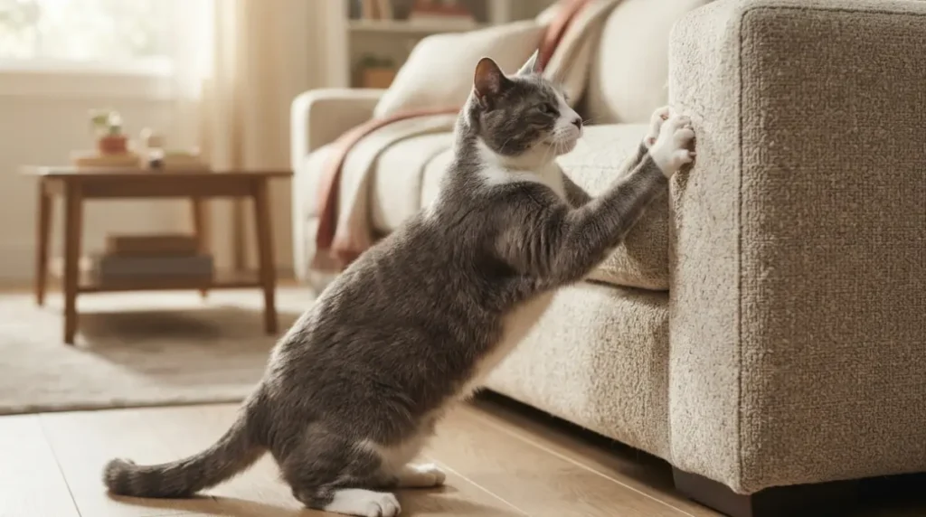 Cat stretching against a textured sofa arm while Scratching Furniture in a living room

