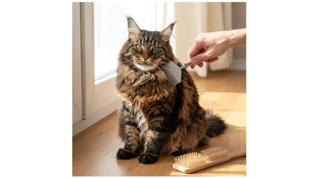 Best Brush for Maine Coon grooming: person using a stainless steel comb on a relaxed Maine Coon’s chest ruff