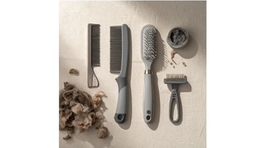 Best Brush kit for Maine Coons: steel comb, slicker brush, deshedding tool, and mat splitter on a beige surface