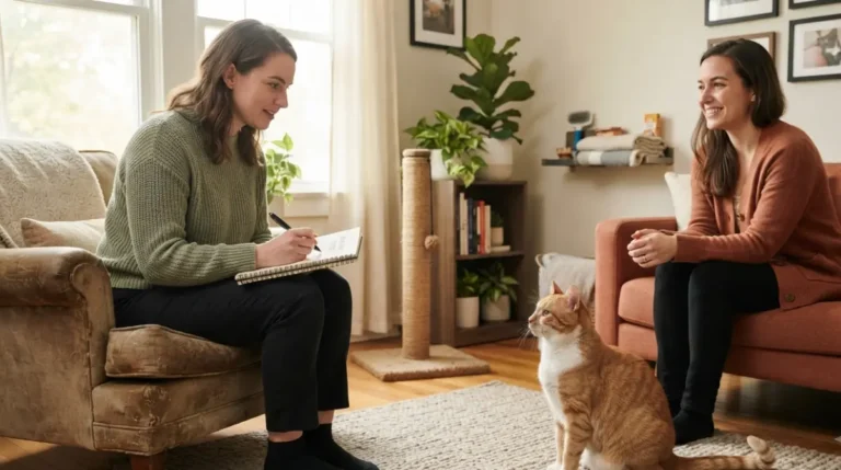 Behaviorist Cost: cat behavior consultant discussing a cat’s behavior with its owner