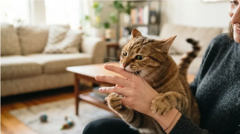 Realistic photo of a tabby cat delivering a hard bite to a person's hand during play in a living room