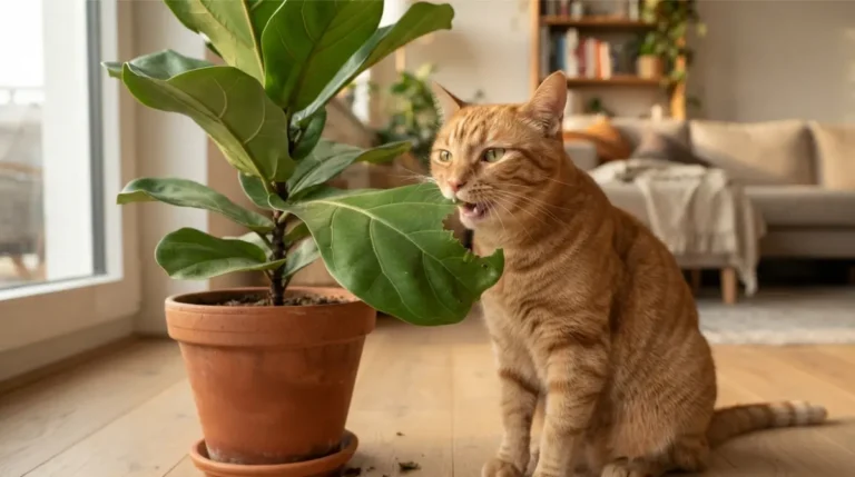 Orange tabby cat about to eat a houseplant leaf in a sunny living room