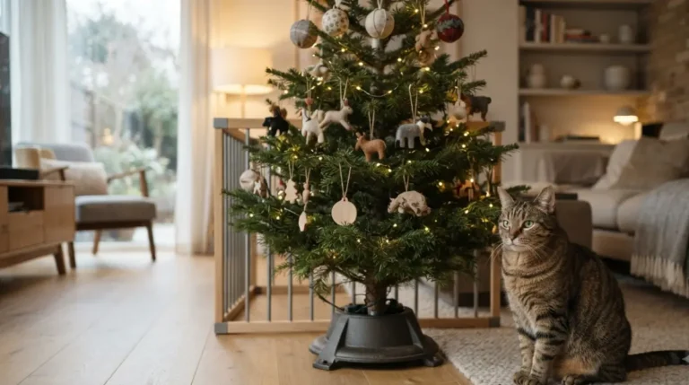 Cat Christmas tree safety scene with a cat beside a secured holiday tree and safe decorations