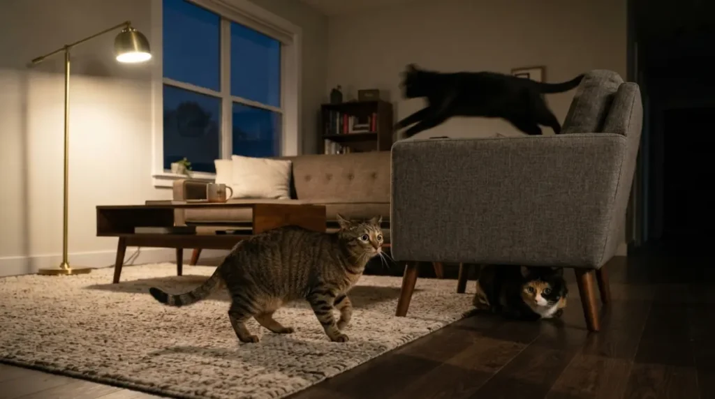 Three cats showing Fireworks fear: freezing, hiding under a chair, and bolting