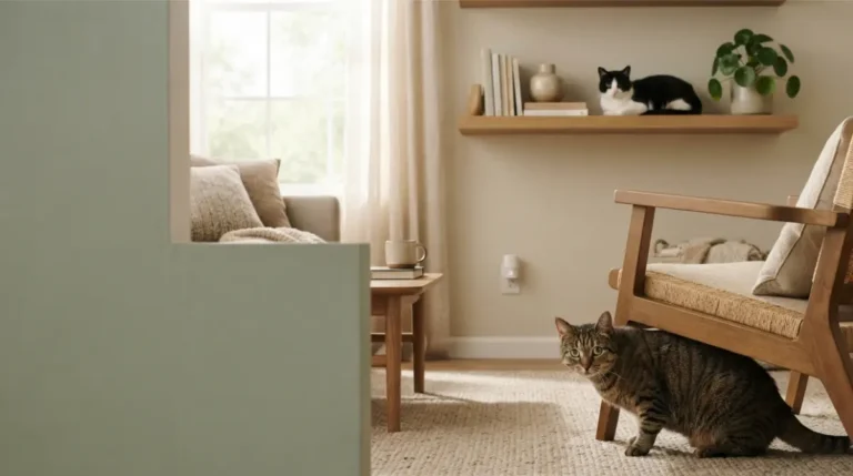 Feliway Work test with two anxious cats in a living room and a diffuser