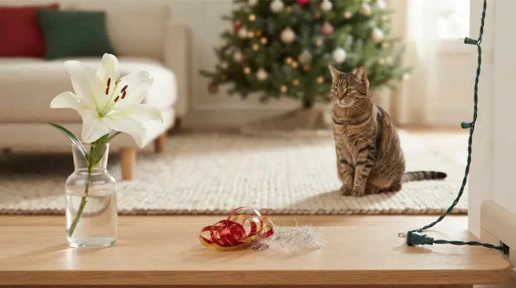 Cat Christmas emergency hazards including lilies, ribbon, tinsel, and electrical cords kept away from a cat