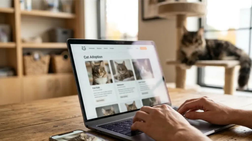 Maine Coon Adoption search: person browsing online adoption listings for a Maine Coon mix cat at home.