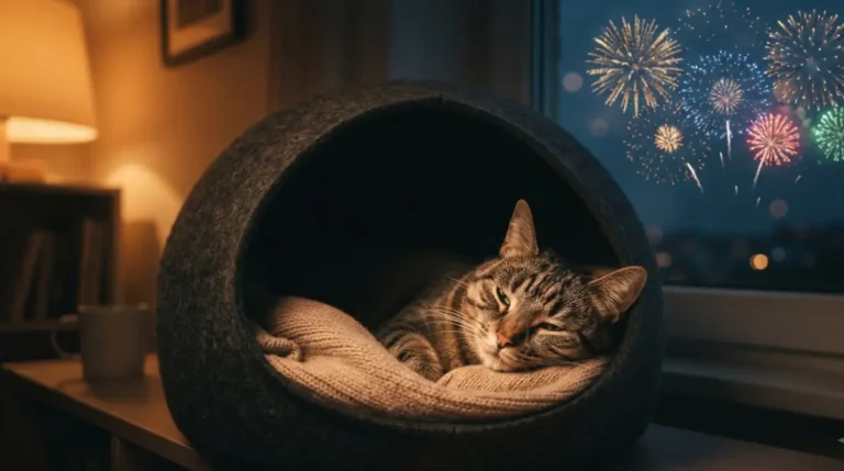 Calm cat in a covered bed indoors while Fireworks glow outside the window at dusk