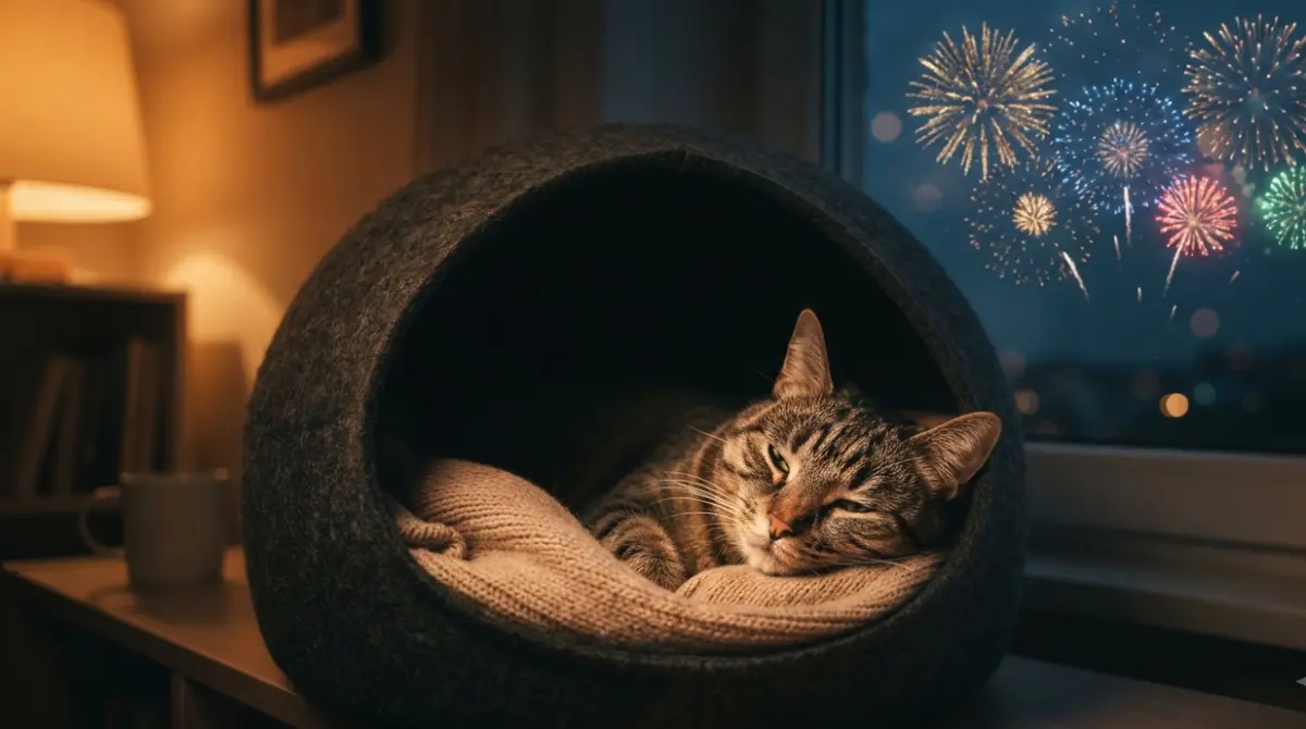 Calm cat in a covered bed indoors while Fireworks glow outside the window at dusk
