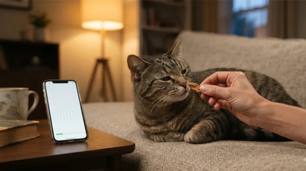 Owner pairs barely audible Fireworks sounds with treats while a cat relaxes nearby