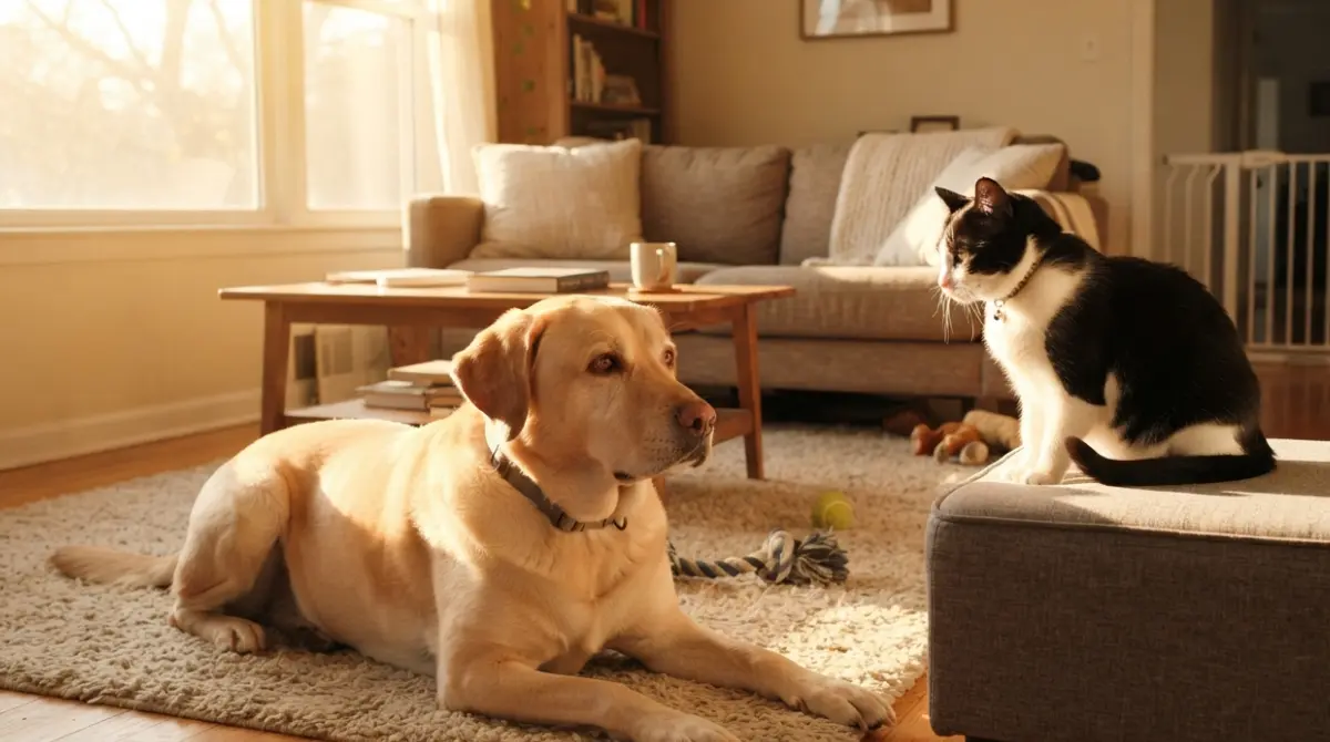 Introducing cat to dog in a calm living room during the first month
