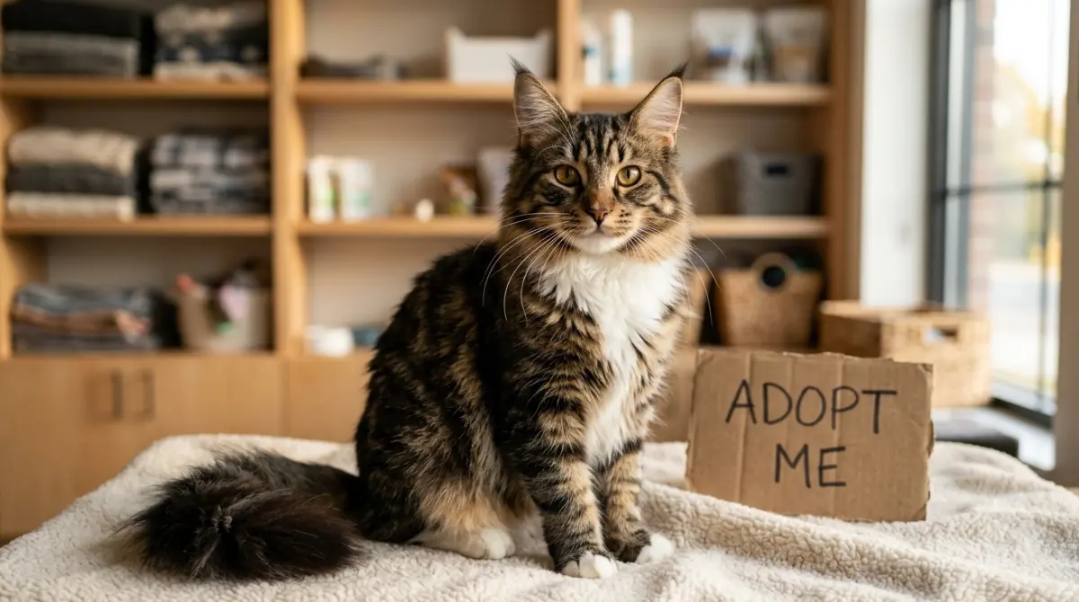 Maine Coon Adoption: healthy Maine Coon mix cat with tabby fur and ear tufts beside an Adopt Me sign in a rescue room.
