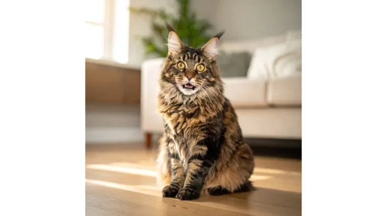 Adult brown tabby Maine Coon Chirp expression while sitting in a bright living room