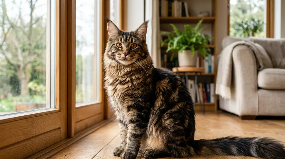 Maine Coon Colors: brown classic tabby Maine Coon cat with copper eyes sitting in natural window light