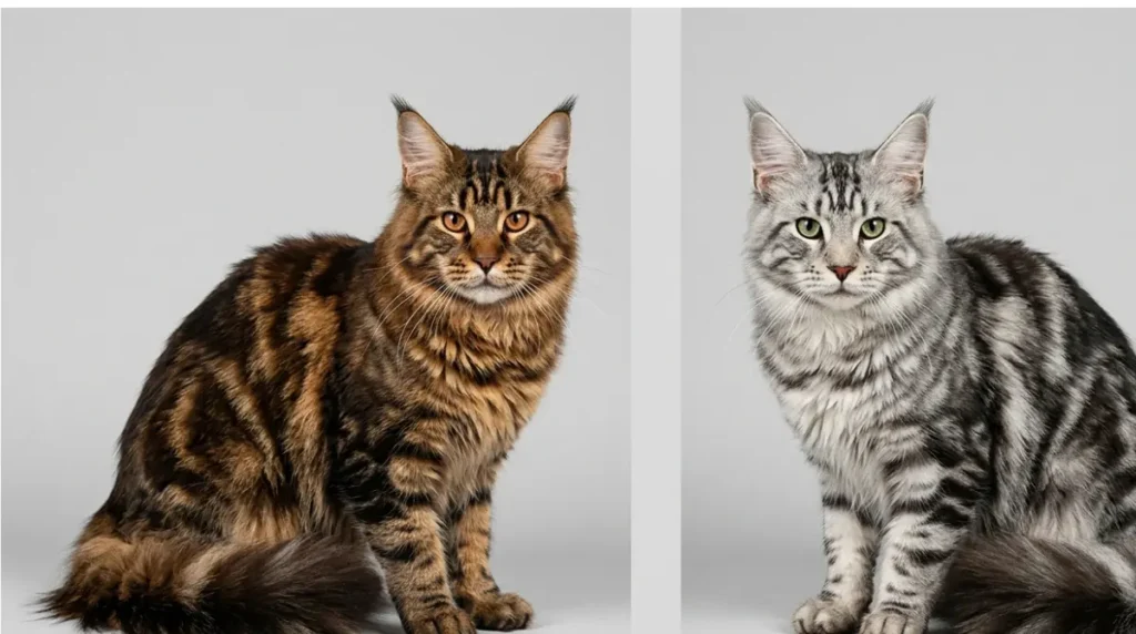 Maine Coon Colors: brown tabby and silver tabby Maine Coon cats side by side showing different ground colors
