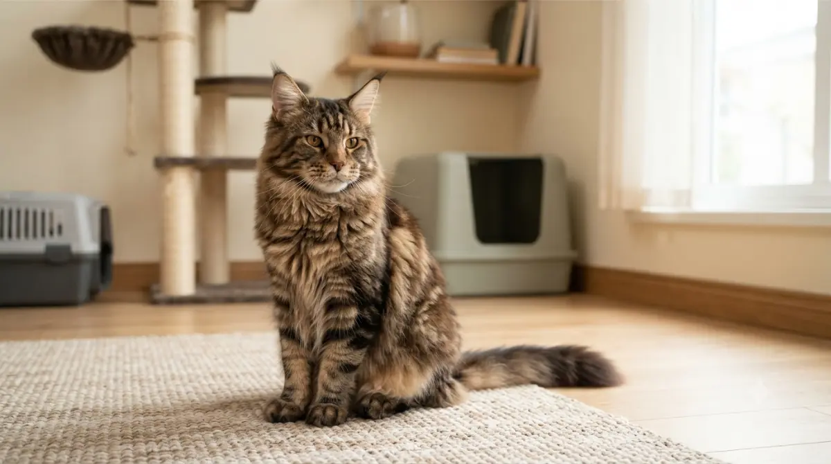 Maine Coon beside a cat tree and carrier in a home setting.