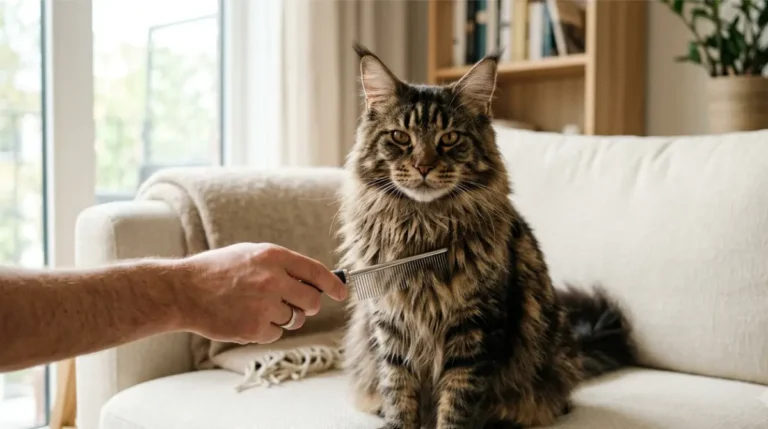 Maine Coon Grooming: owner gently combing the chest ruff of a brown tabby Maine Coon at home