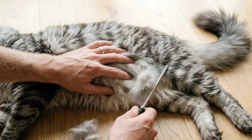 Maine Coon Grooming: metal comb lifting loose undercoat from a Maine Coon’s long belly and britches fur