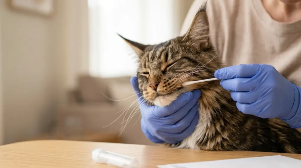 Cheek swab DNA sample being collected from a Maine Coon cat for HCM genetic testing