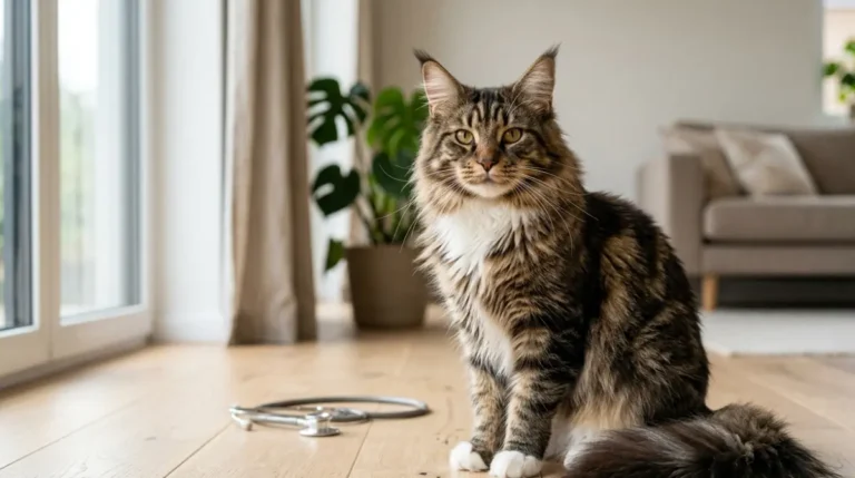 Maine Coon cat sitting beside a veterinary stethoscope to illustrate HCM DNA testing and echocardiogram