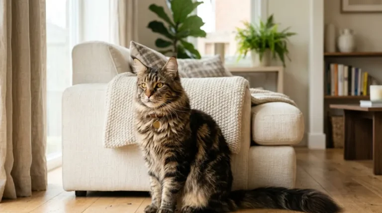 Maine Coon cat resting calmly at home, illustrating pet insurance considerations for HCM risk.