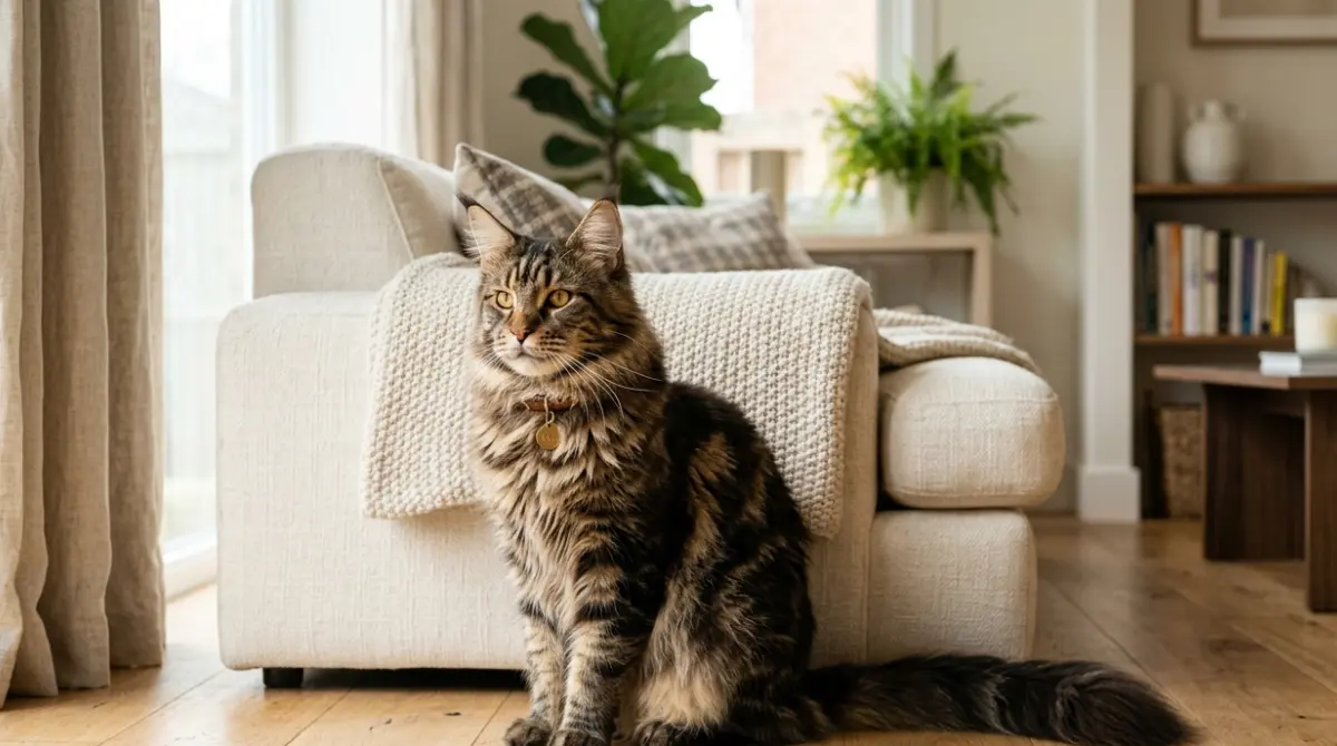Maine Coon cat resting calmly at home, illustrating pet insurance considerations for HCM risk.