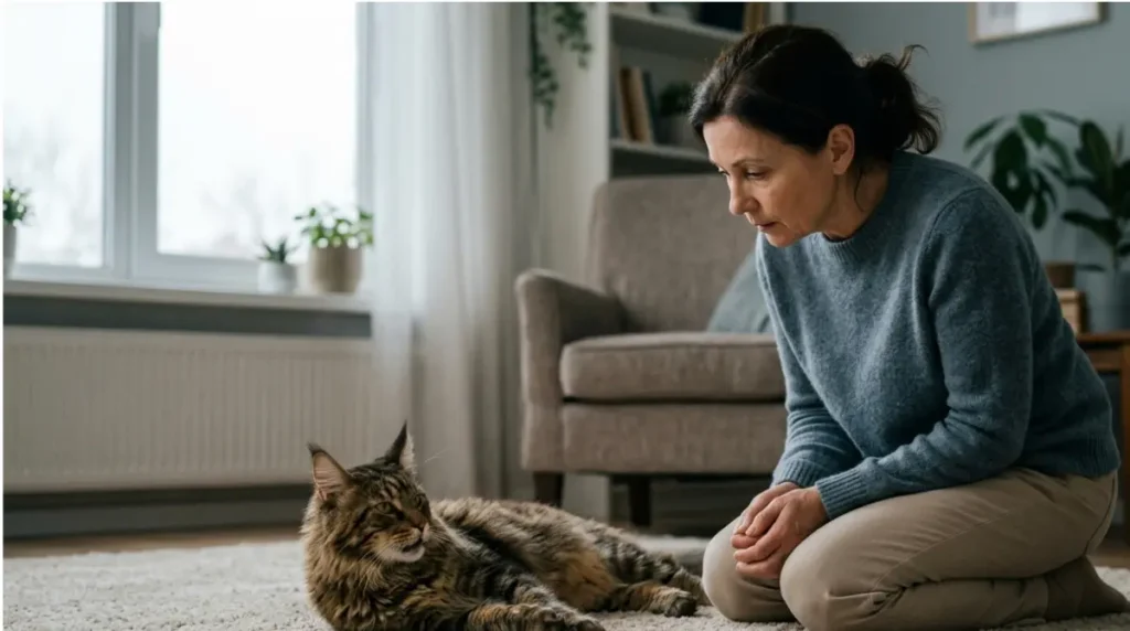 Owner observing a Maine Coon cat’s breathing at home during a possible heart emergency.