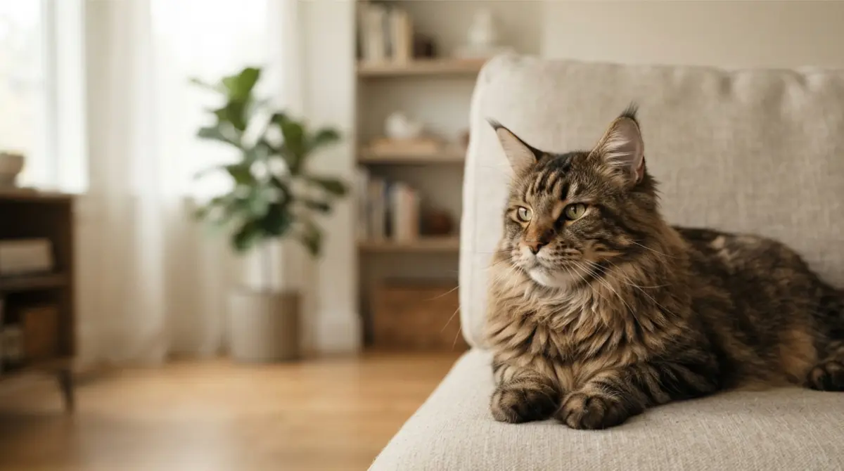 Maine Coon resting calmly on a sofa at home