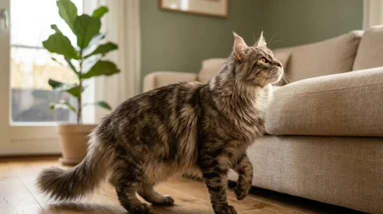 Maine Coon hip dysplasia early sign: adult Maine Coon hesitating before jumping onto a sofa