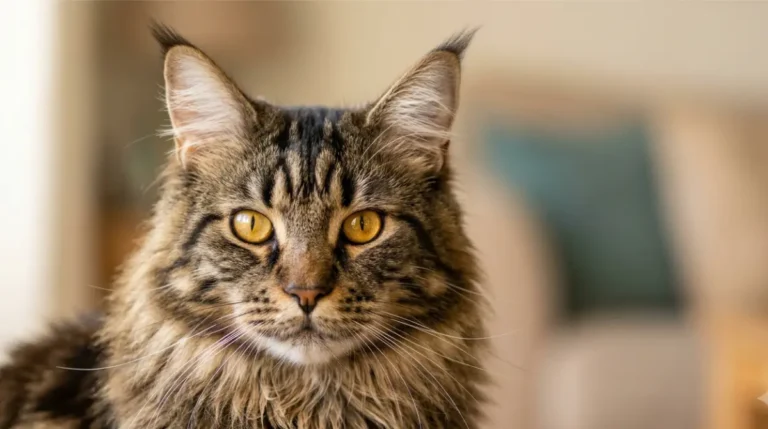 Close-up of a Maine Coon Hypoallergenic cat with long fur and amber eyes.
