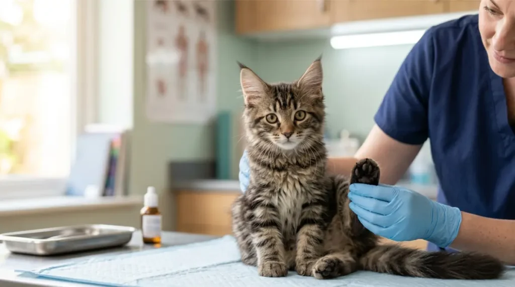 Veterinarian gently checks a Maine Coon Kitten’s hind paw during an exam