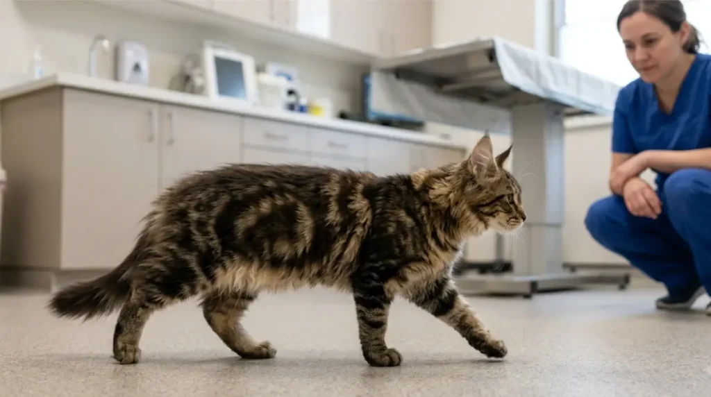 Veterinarian observes a Maine Coon kitten walking during an exam