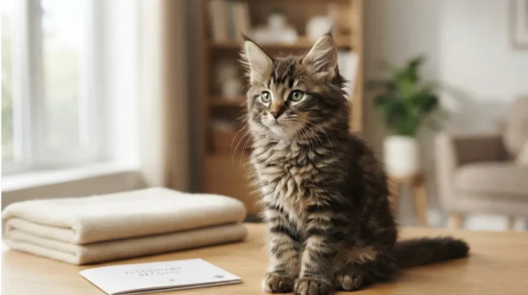 Healthy brown tabby Maine Coon kitten beside veterinary paperwork, showing typical Coon Price for a health-tested kitten.