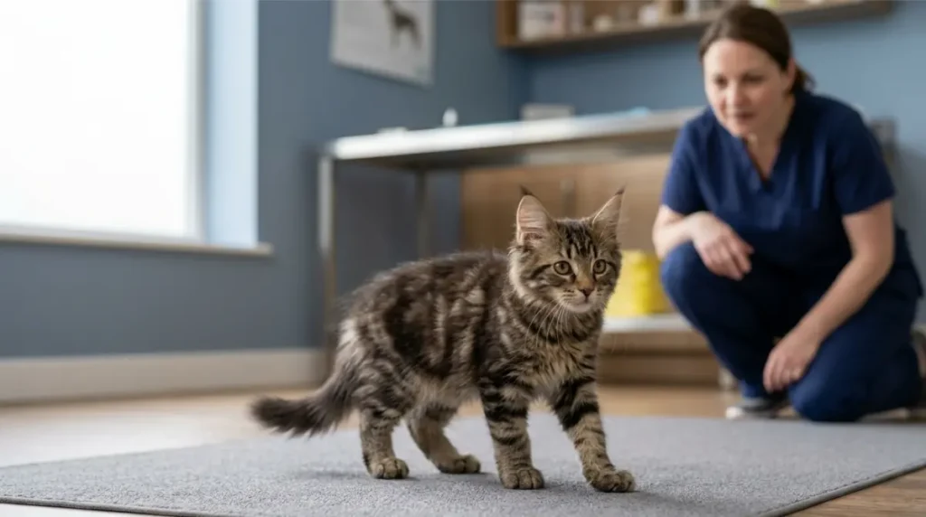Veterinarian observes a Maine Coon Kitten walking across a non-slip mat