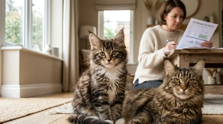 Healthy Maine Coon kitten sitting beside its mother while a Breeder reviews health paperwork in a bright home