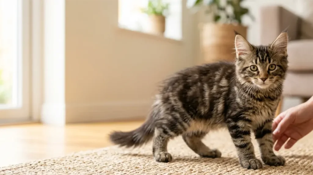 Maine Coon Kitten standing with a slightly wide stance on a rug at home